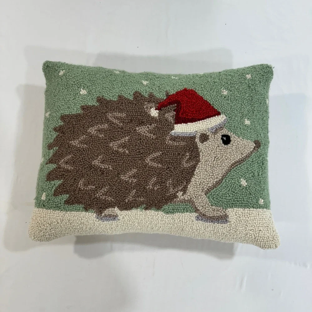 Grandin Road Christmas Hedgehog Hooked Wool Lumbar Pillow 14x18 Green Santa Hat